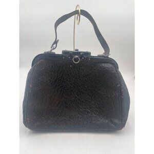 Vintage Black Leather Handbag Textured Finish & Metal Clasp Antique Purse Worn L
